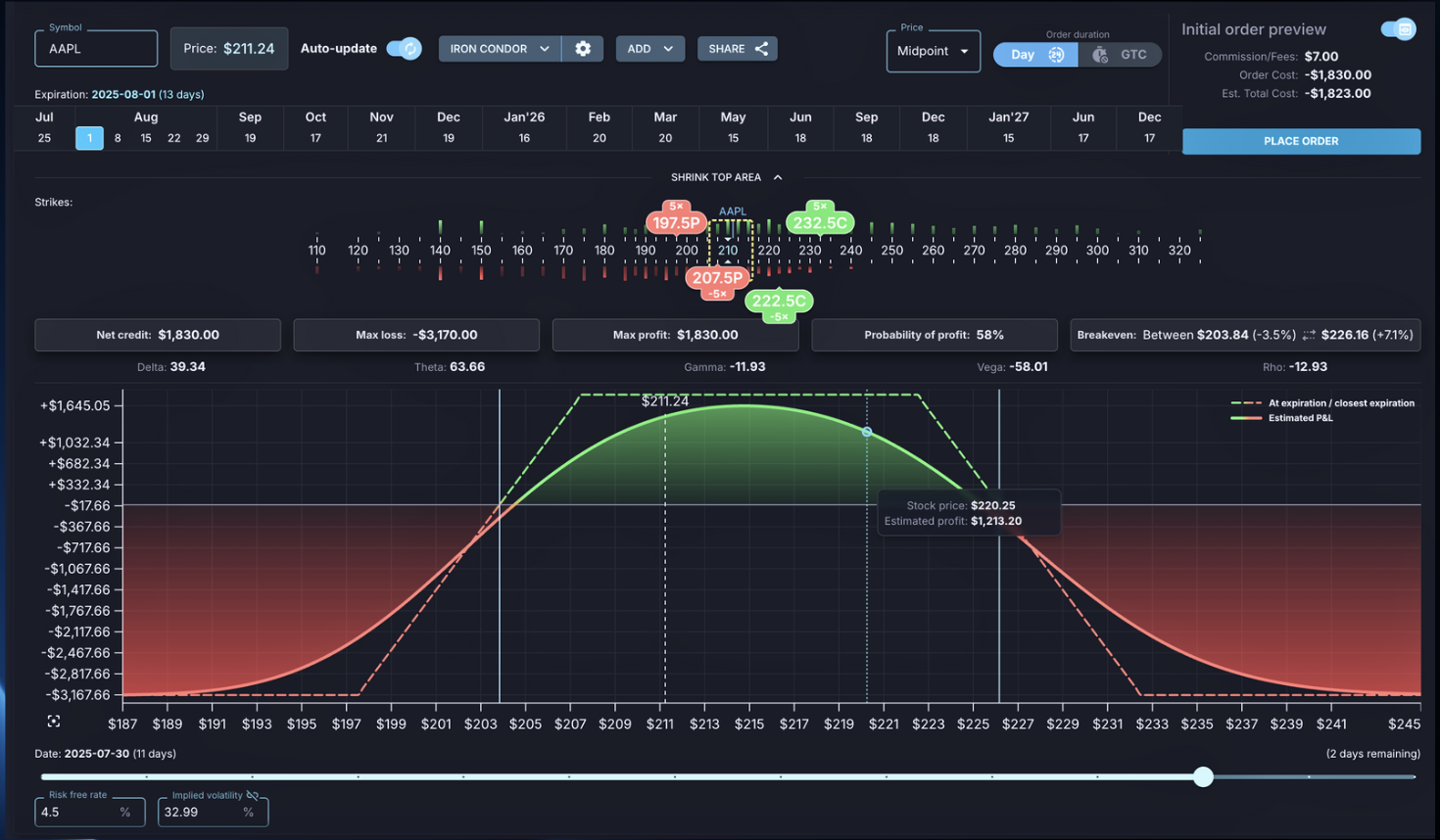 Simulate Trades interface screenshot